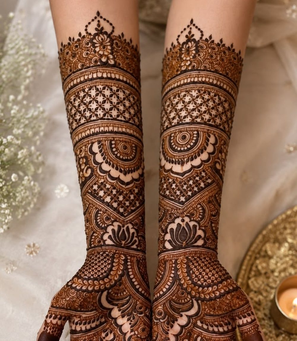 Bridal mehendi across both hands and forearms